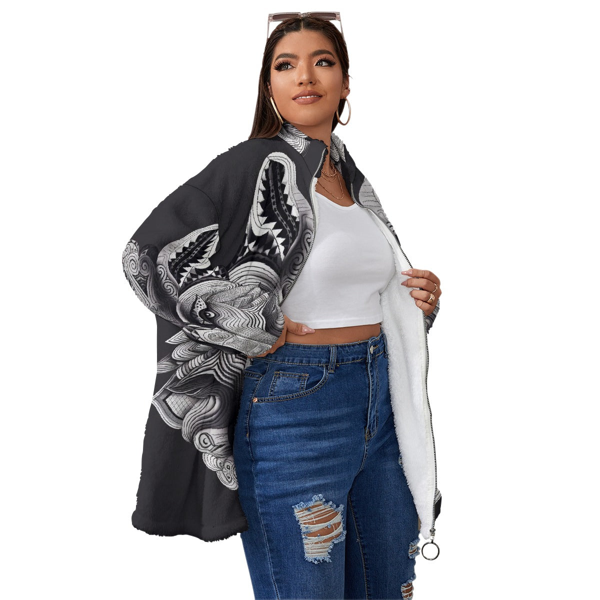 All-Over Print Unisex Borg Fleece Stand-up Collar Coat With Zipper Closure(Plus Size)