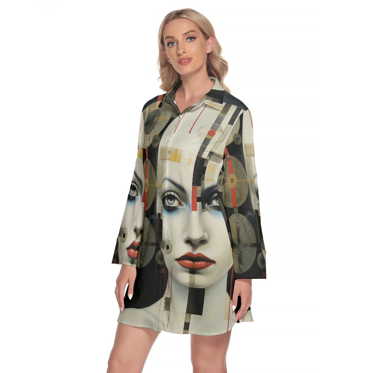 All-Over Print Women's Lapel Shirt Dress With Long Sleeve