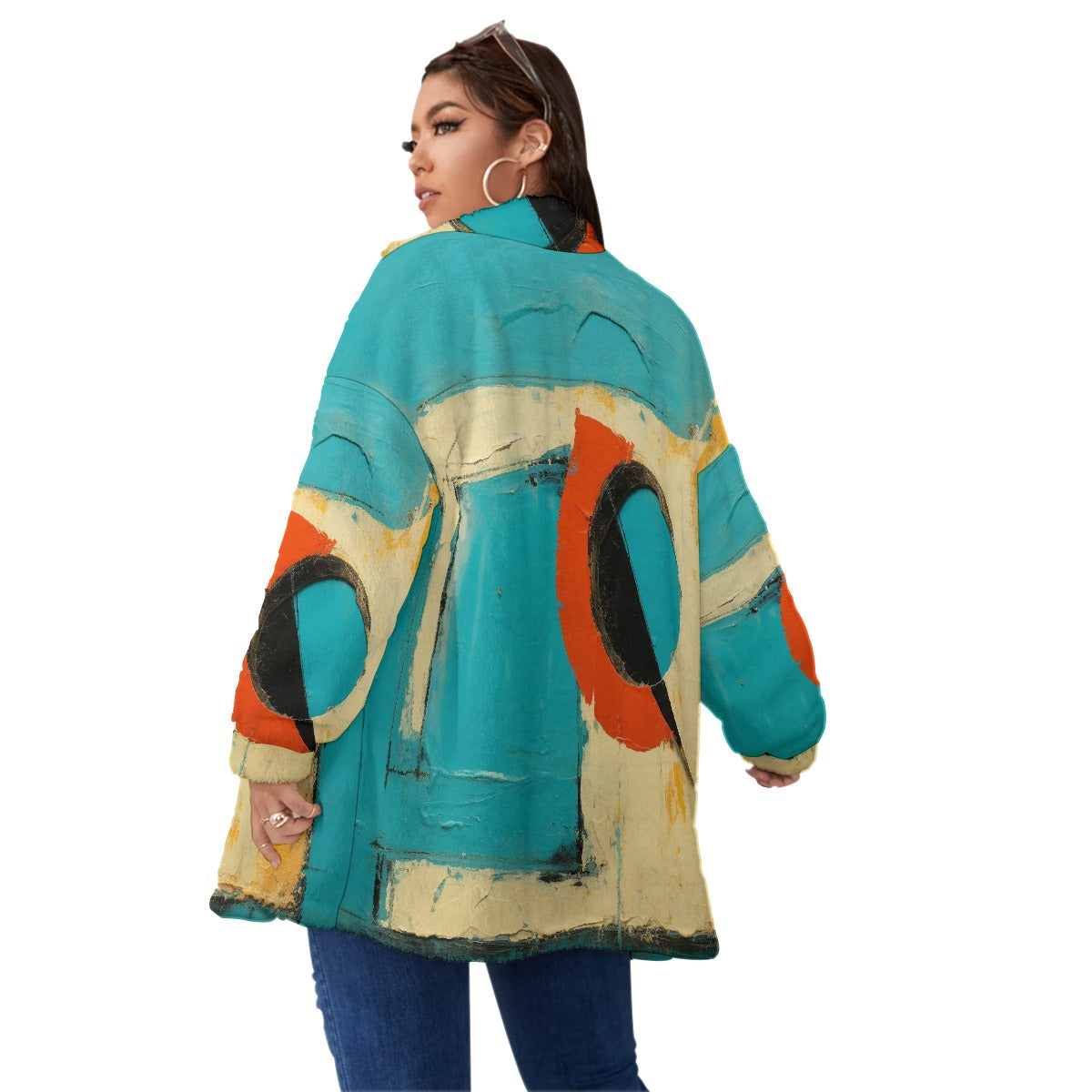 All-Over Print Unisex Borg Fleece Stand-up Collar Coat With Zipper Closure(Plus Size)