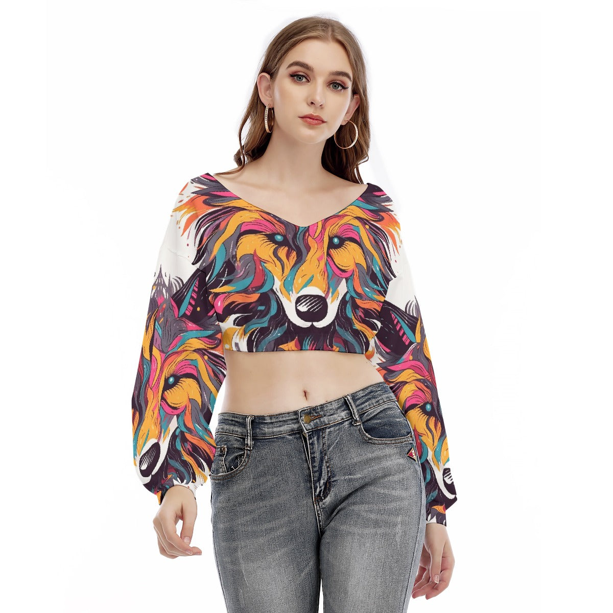All-Over Print Women's V-neck Long Sleeve Cropped Sweatshirt