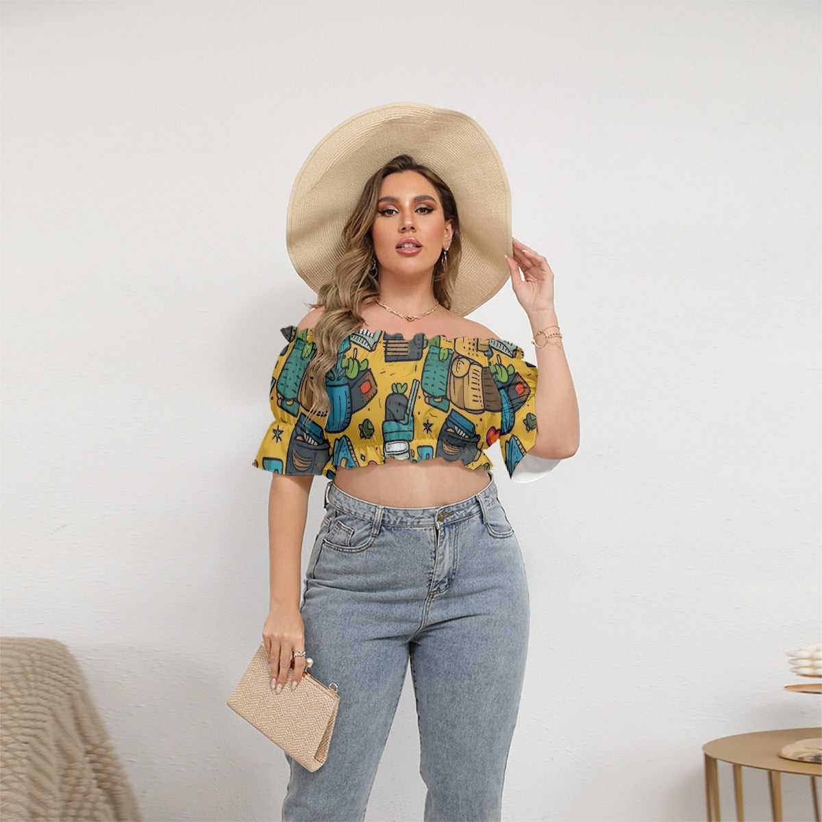 All-Over Print Women's Off-shoulder Cropped Top With Short Puff Sleeve