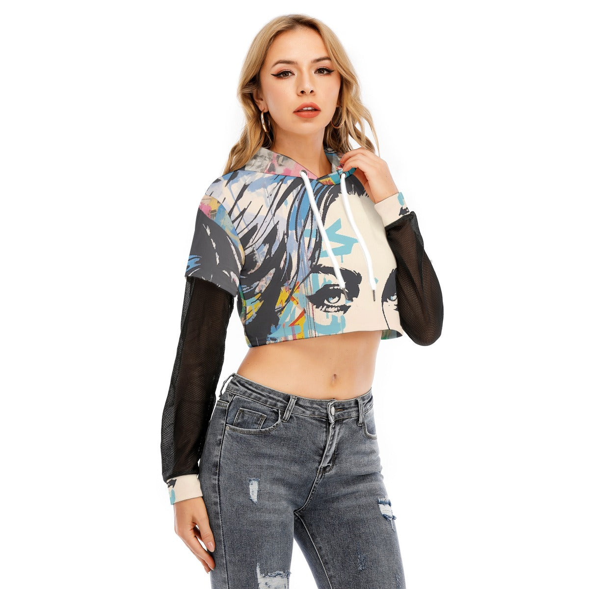 All-Over Print Women's Fake Two-piece Mesh Sleeve Cropped Hoodie