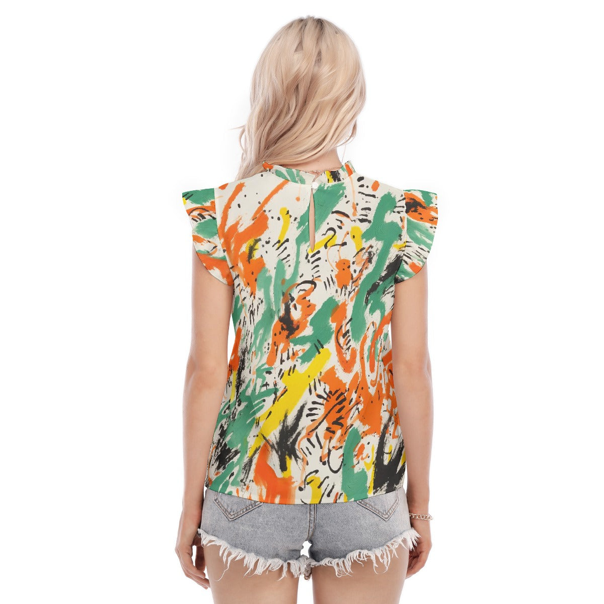 All-Over Print Women's Blouse With Ruffle Collar And Sleeve