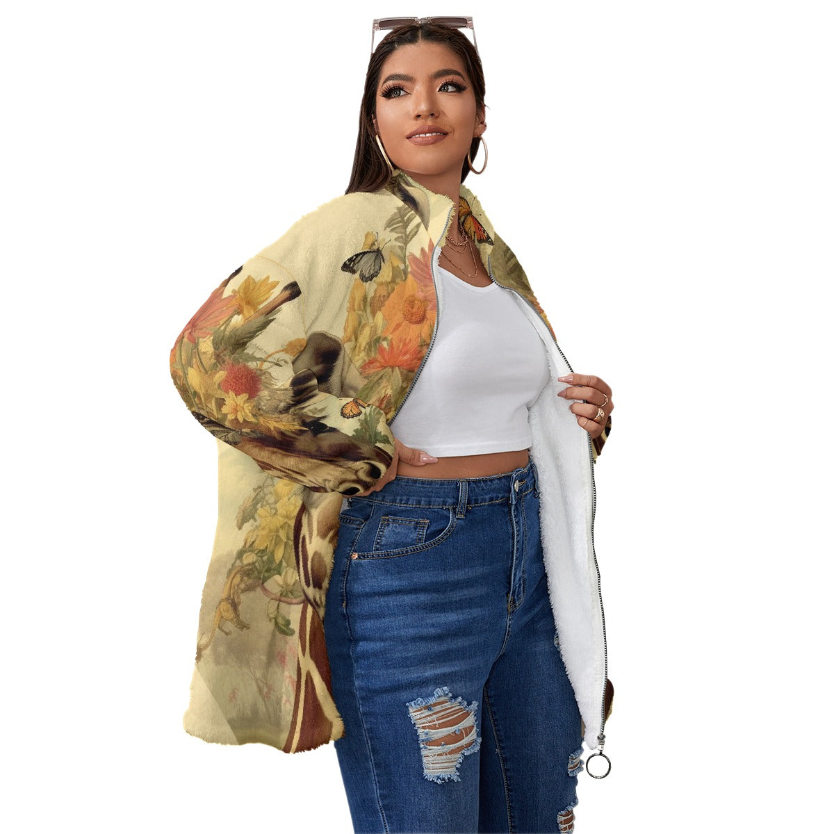 All-Over Print Unisex Borg Fleece Stand-up Collar Coat With Zipper Closure(Plus Size)