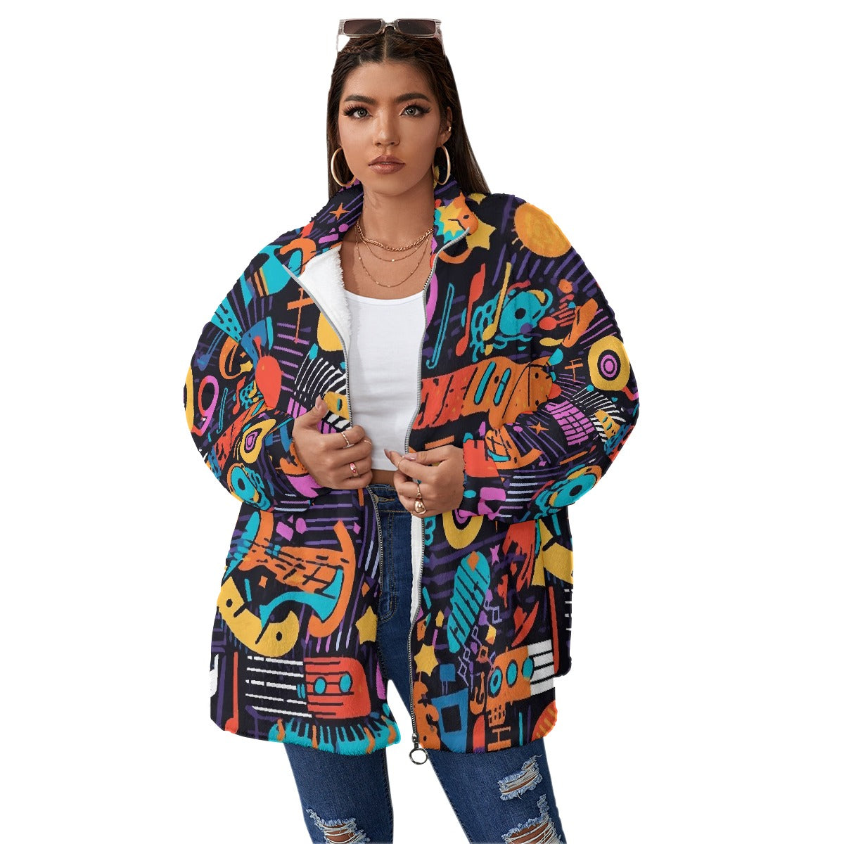 All-Over Print Unisex Borg Fleece Stand-up Collar Coat With Zipper Closure(Plus Size)