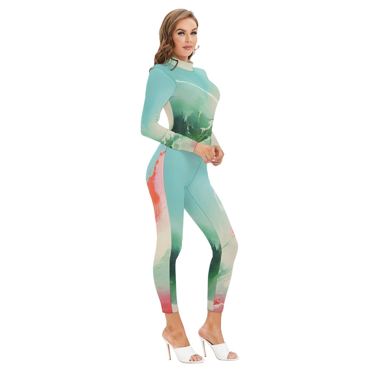 All-Over Print Women's Long-sleeved High-neck Jumpsuit With Zipper
