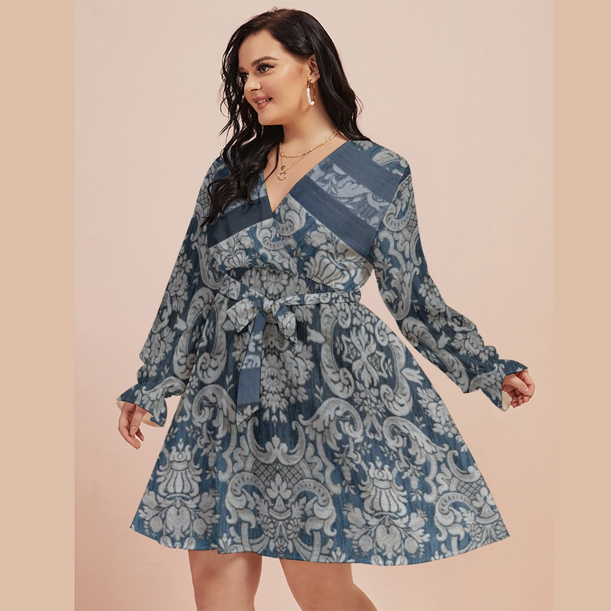 All-Over Print Women's V-neck Dress With Waistband(Plus Size)