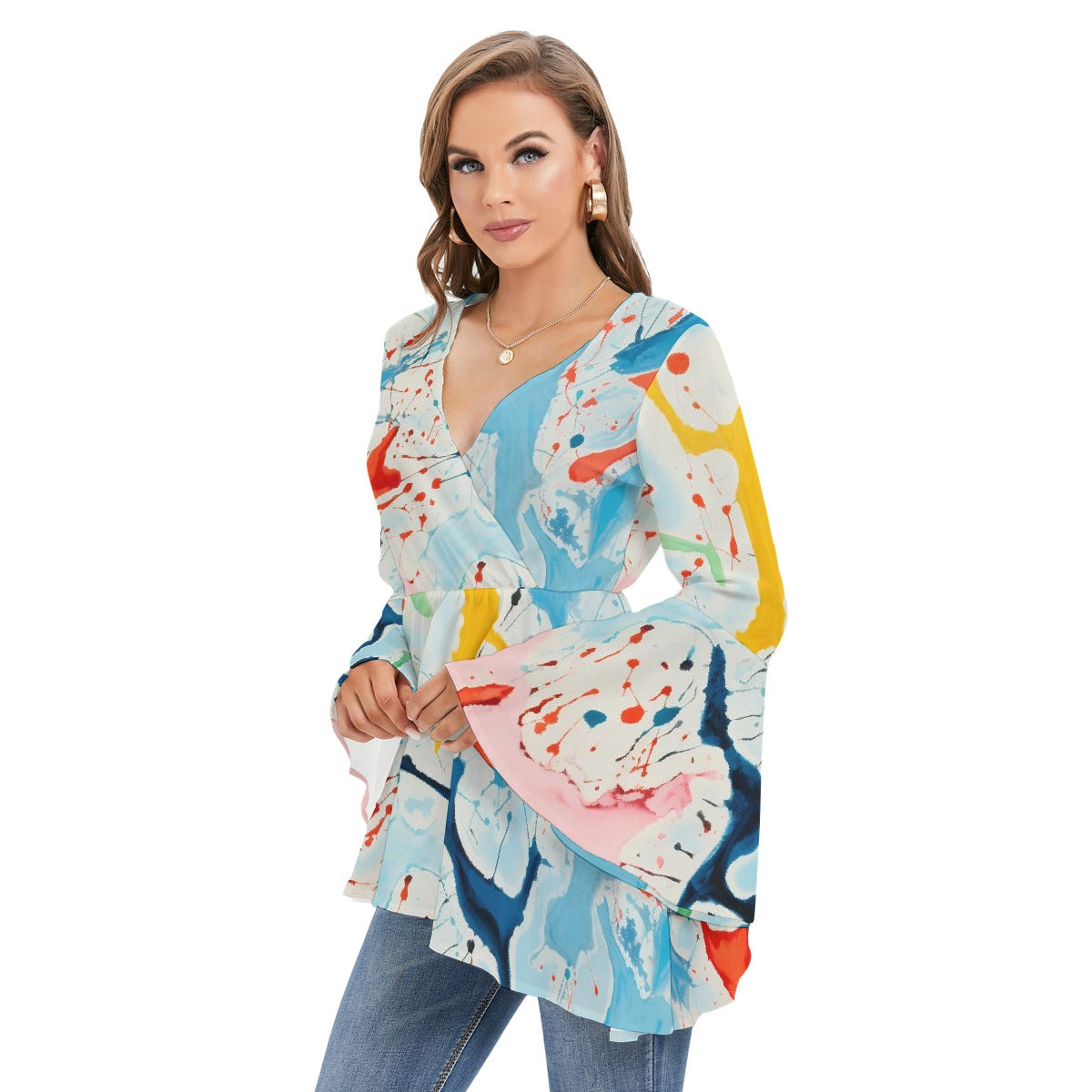 All-Over Print Women's V-neck Blouse With Flared Sleeves