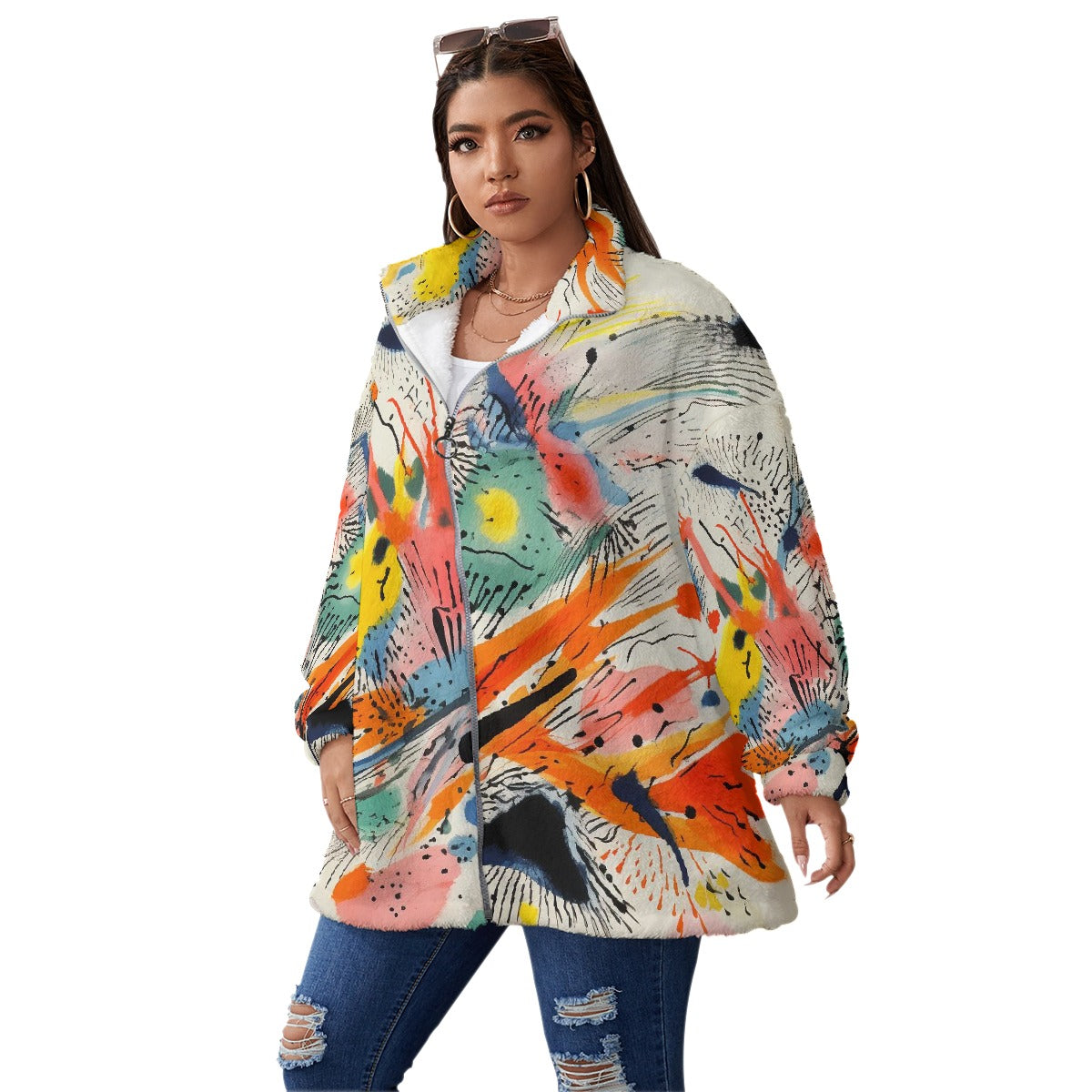 All-Over Print Unisex Borg Fleece Stand-up Collar Coat With Zipper Closure(Plus Size)