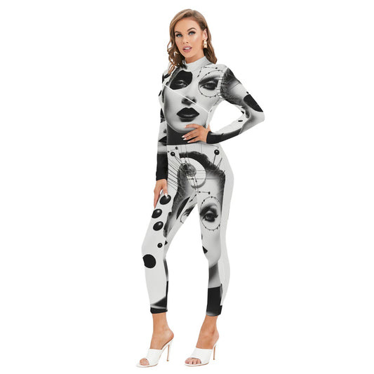 All-Over Print Women's Long-sleeved High-neck Jumpsuit With Zipper