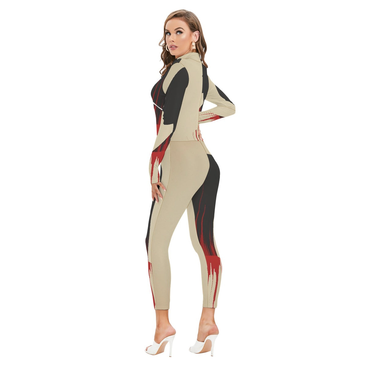 All-Over Print Women's Long-sleeved High-neck Jumpsuit With Zipper