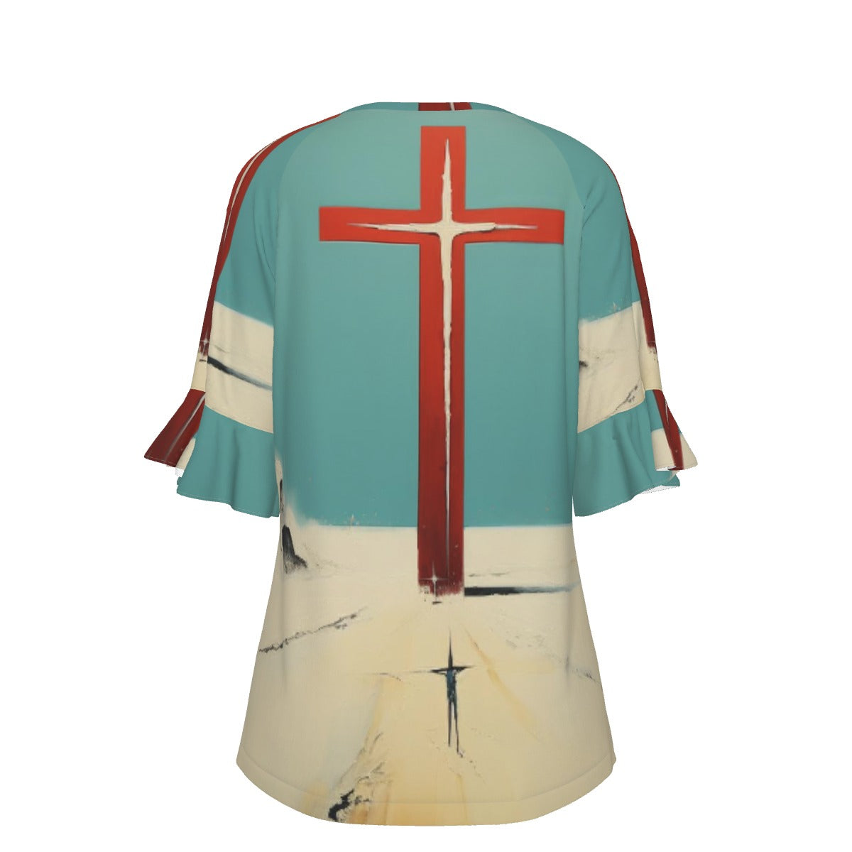 All-Over Print V-neck Women's T-shirt With Bell Sleeve