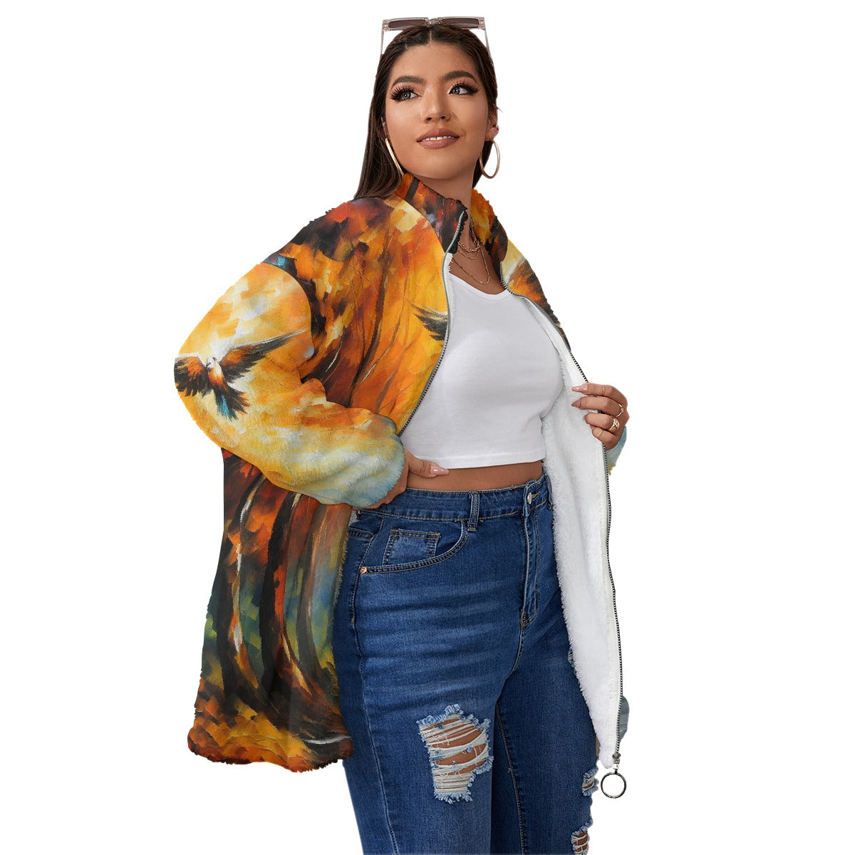 All-Over Print Unisex Borg Fleece Stand-up Collar Coat With Zipper Closure(Plus Size)