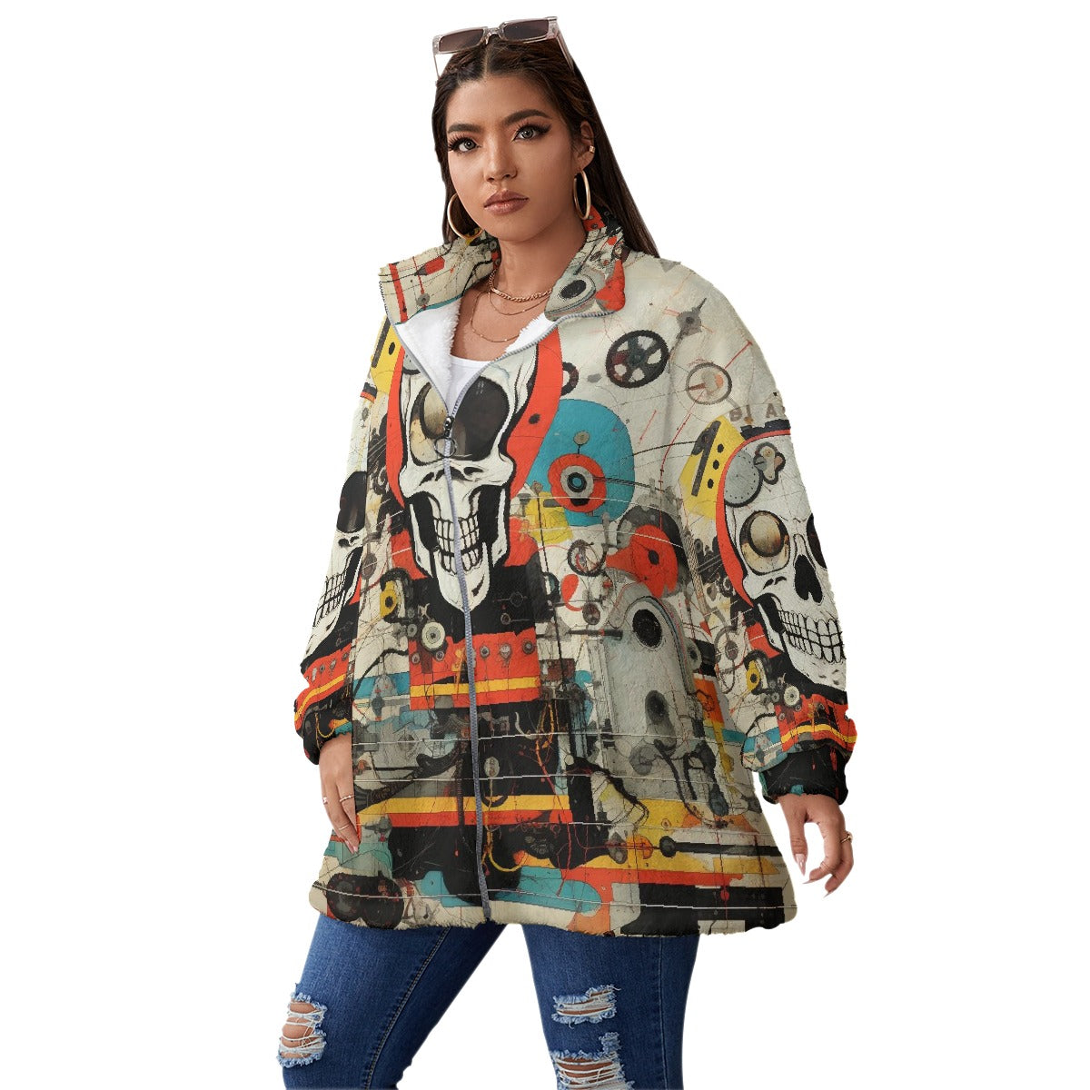 All-Over Print Unisex Borg Fleece Stand-up Collar Coat With Zipper Closure(Plus Size)