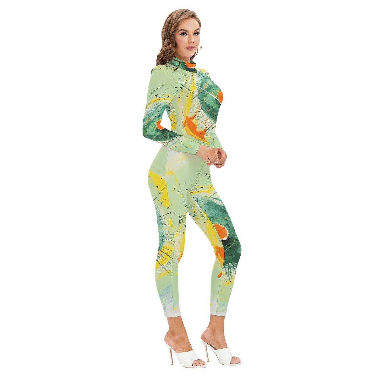 All-Over Print Women's Long-sleeved High-neck Jumpsuit With Zipper