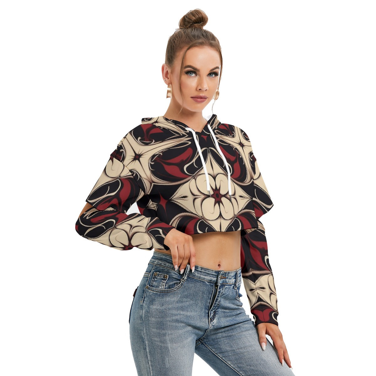 All-Over Print Women's Heavy Fleece Hoodie With Hollow Out Sleeve