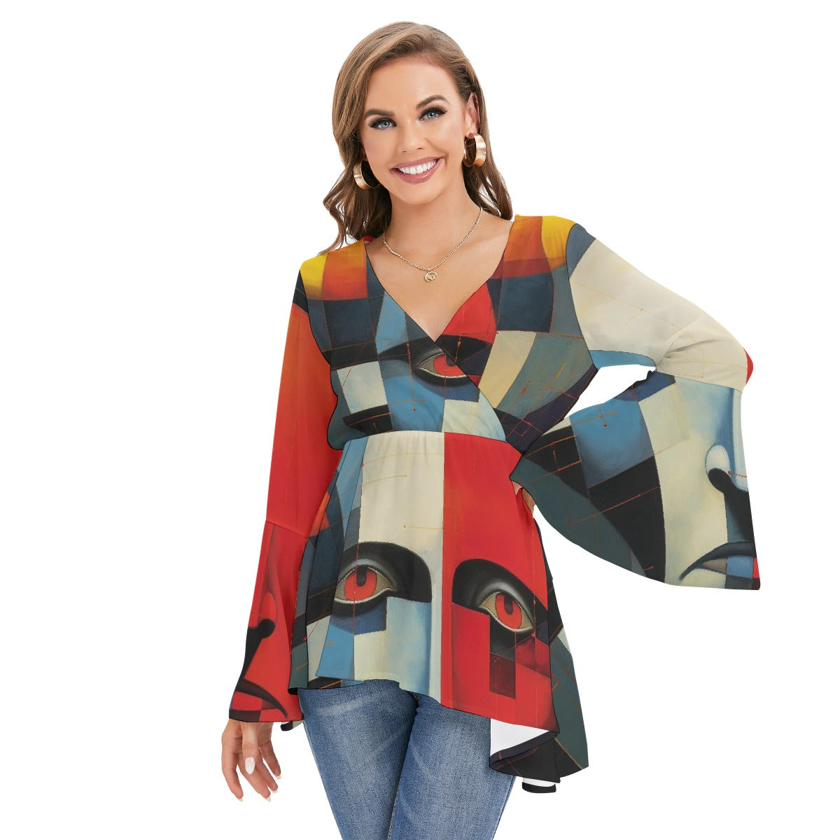All-Over Print Women's V-neck Blouse With Flared Sleeves