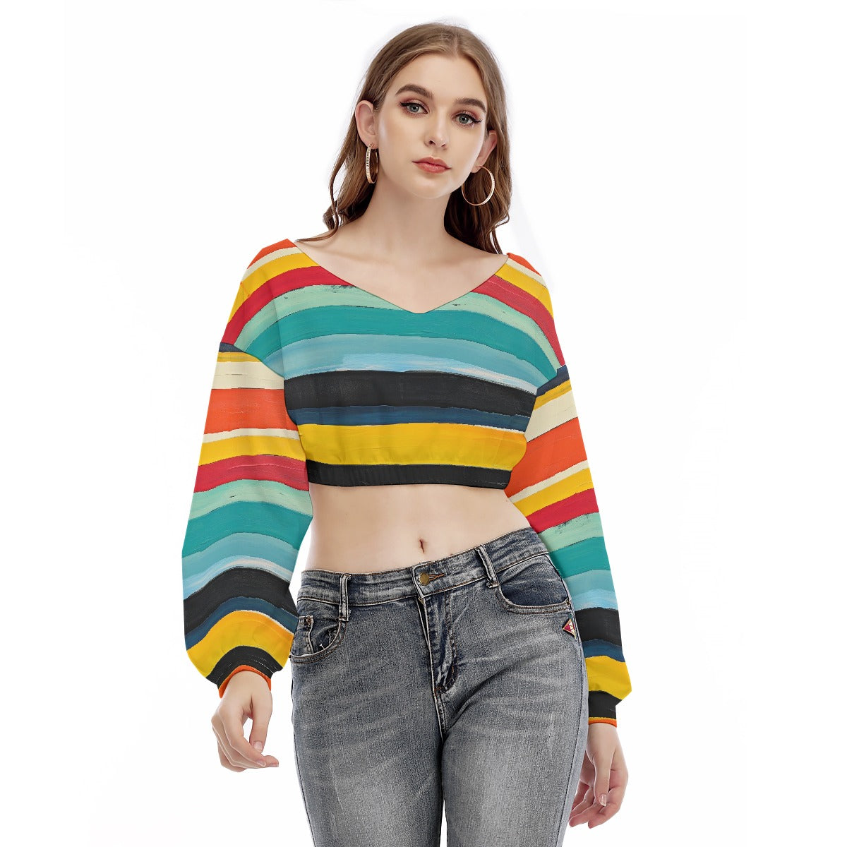 All-Over Print Women's V-neck Long Sleeve Cropped Sweatshirt