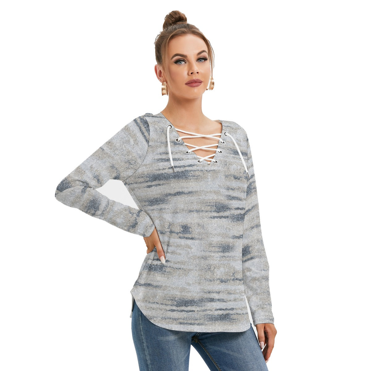 All-Over Print Women's Long Sleeve Neckline Tie Sweatshirt