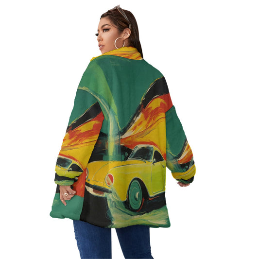 All-Over Print Unisex Borg Fleece Stand-up Collar Coat With Zipper Closure(Plus Size)