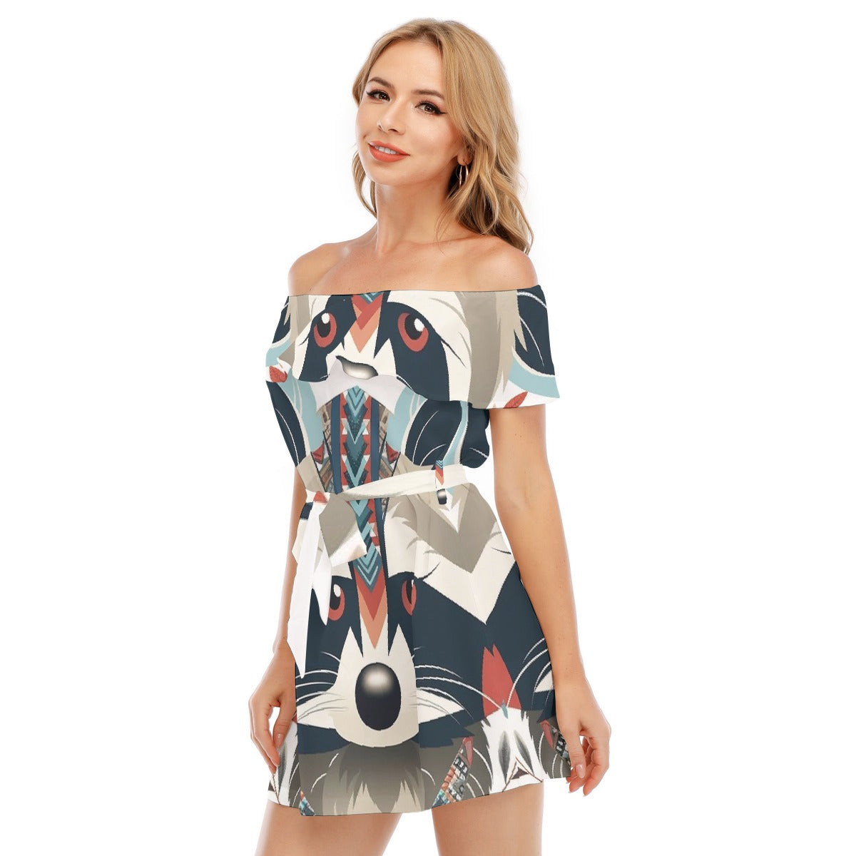 All-Over Print Women's Off-shoulder Dress With Ruffle