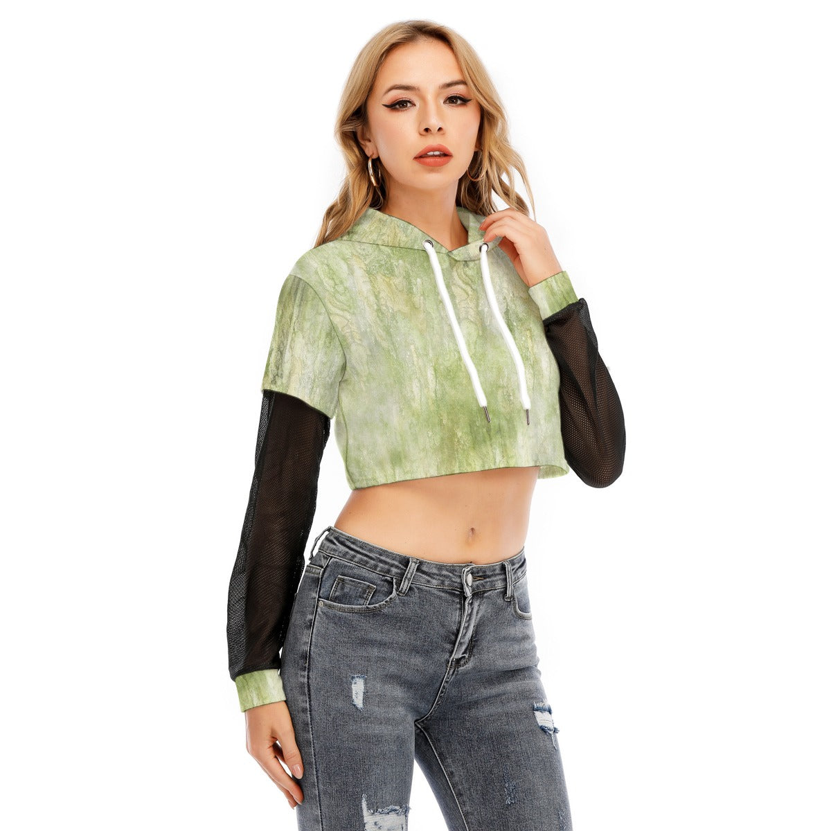 All-Over Print Women's Fake Two-piece Mesh Sleeve Cropped Hoodie