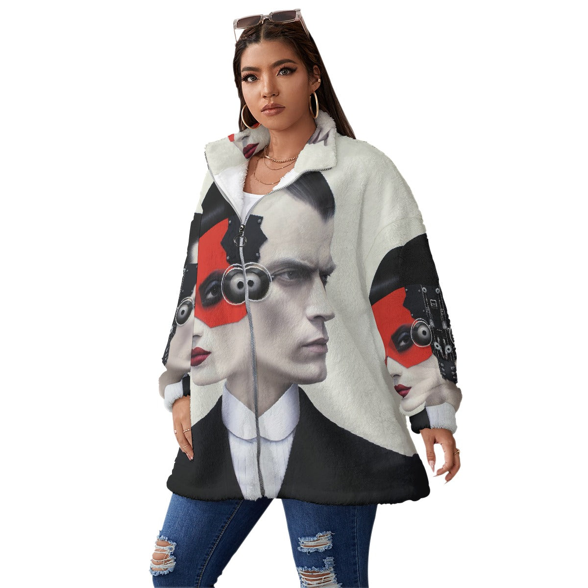 All-Over Print Unisex Borg Fleece Stand-up Collar Coat With Zipper Closure(Plus Size)