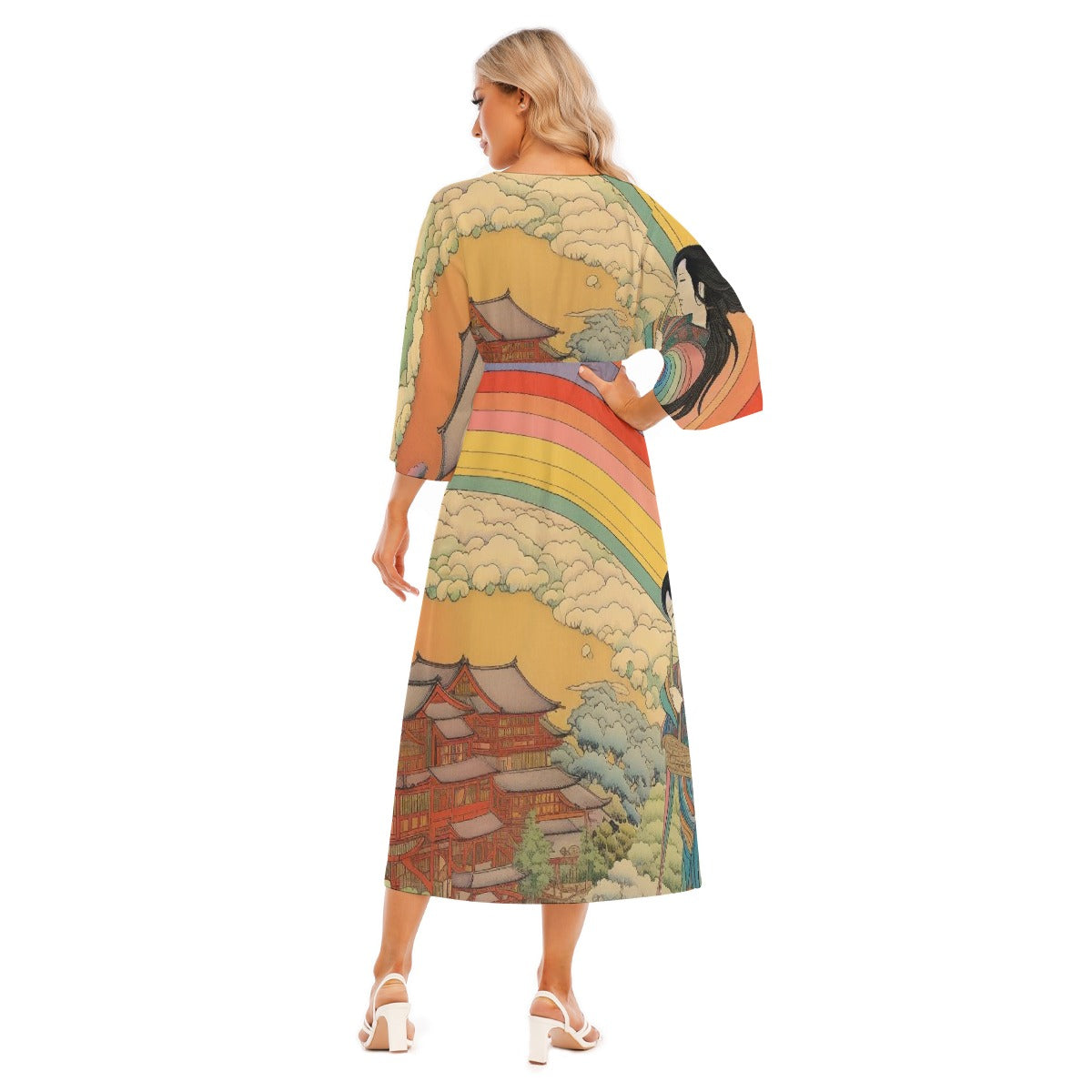 All-Over Print Women's Mid-Sleeve Long Dress