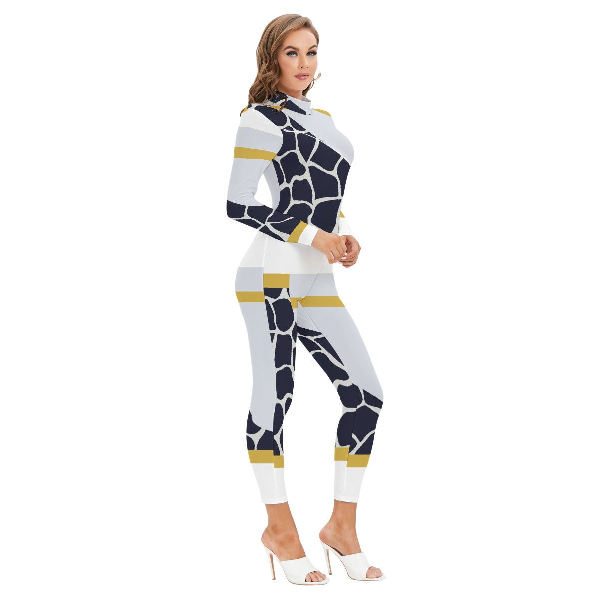 All-Over Print Women's Long-sleeved High-neck Jumpsuit With Zipper