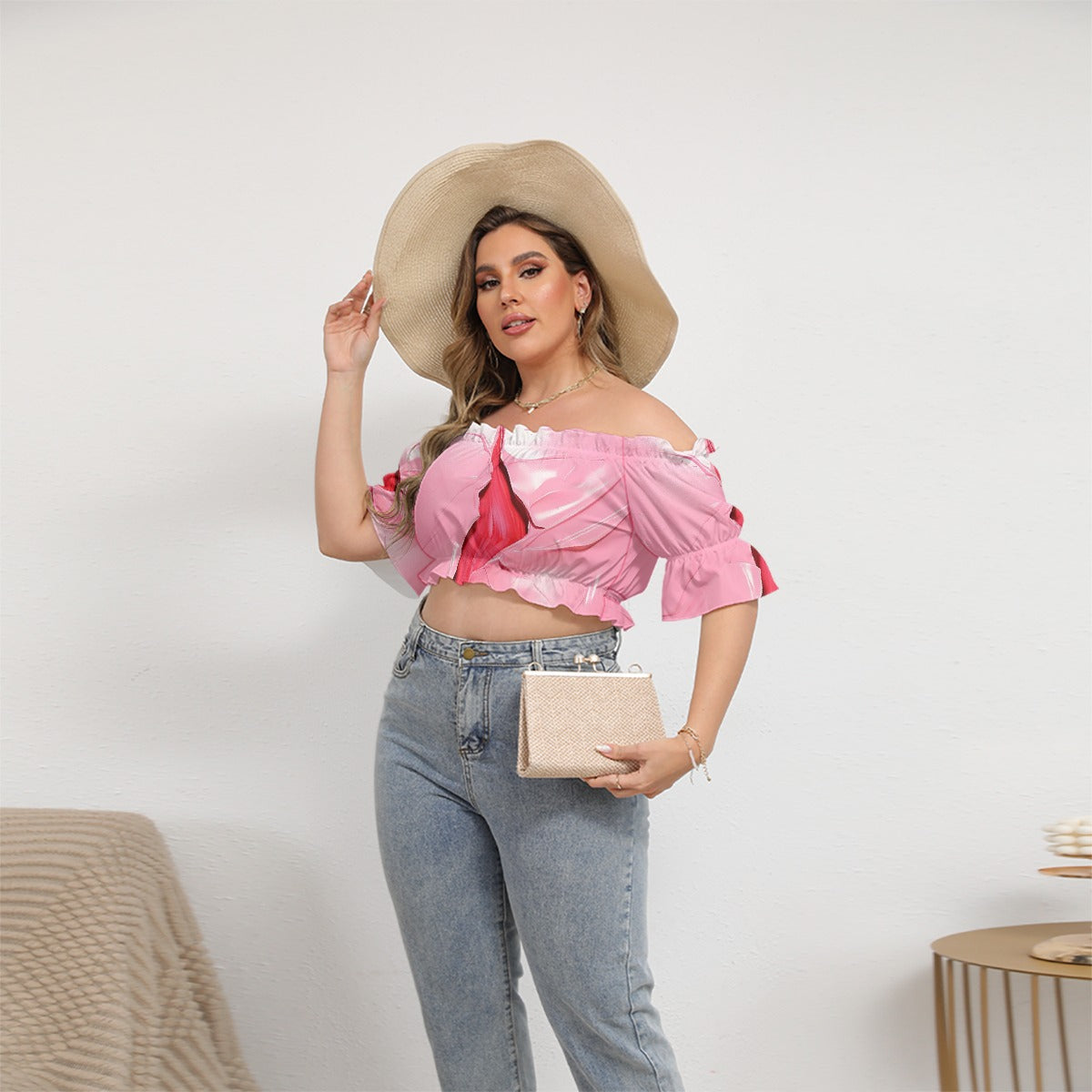 All-Over Print Women's Off-shoulder Cropped Top With Short Puff Sleeve
