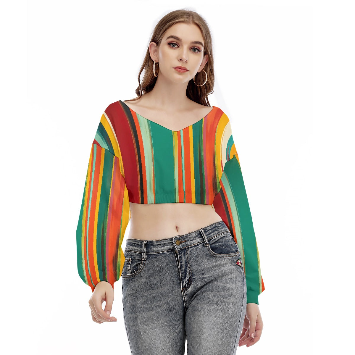 All-Over Print Women's V-neck Long Sleeve Cropped Sweatshirt