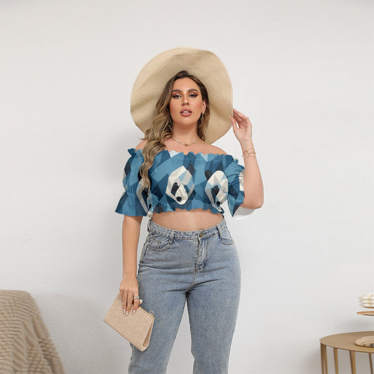 All-Over Print Women's Off-shoulder Cropped Top With Short Puff Sleeve