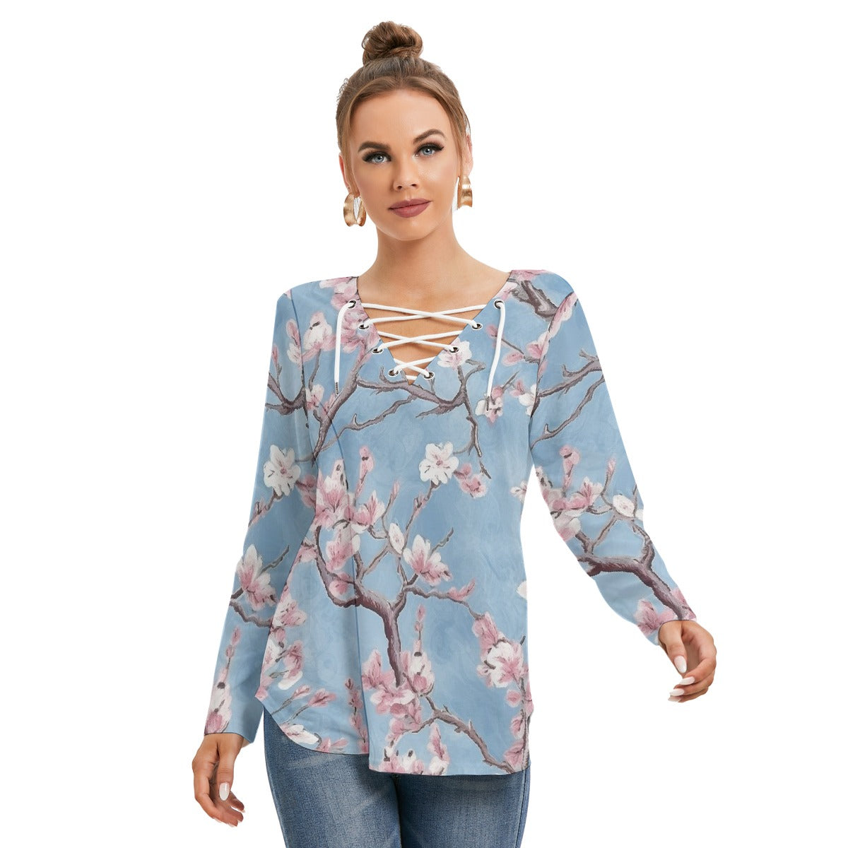 All-Over Print Women's Long Sleeve Neckline Tie Sweatshirt