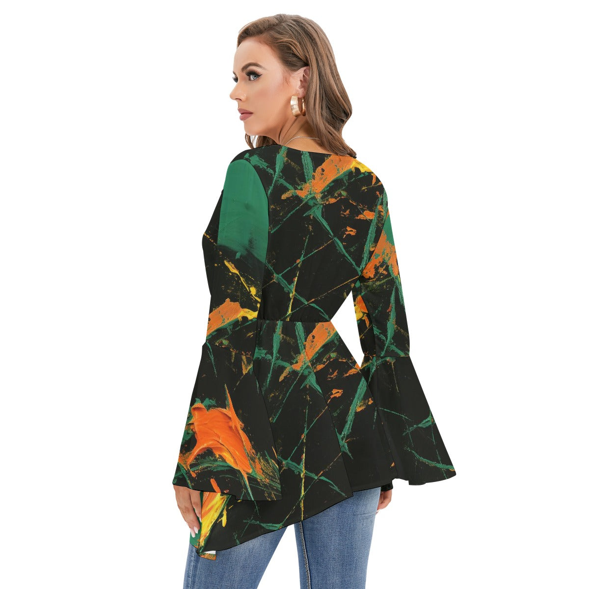 All-Over Print Women's V-neck Blouse With Flared Sleeves