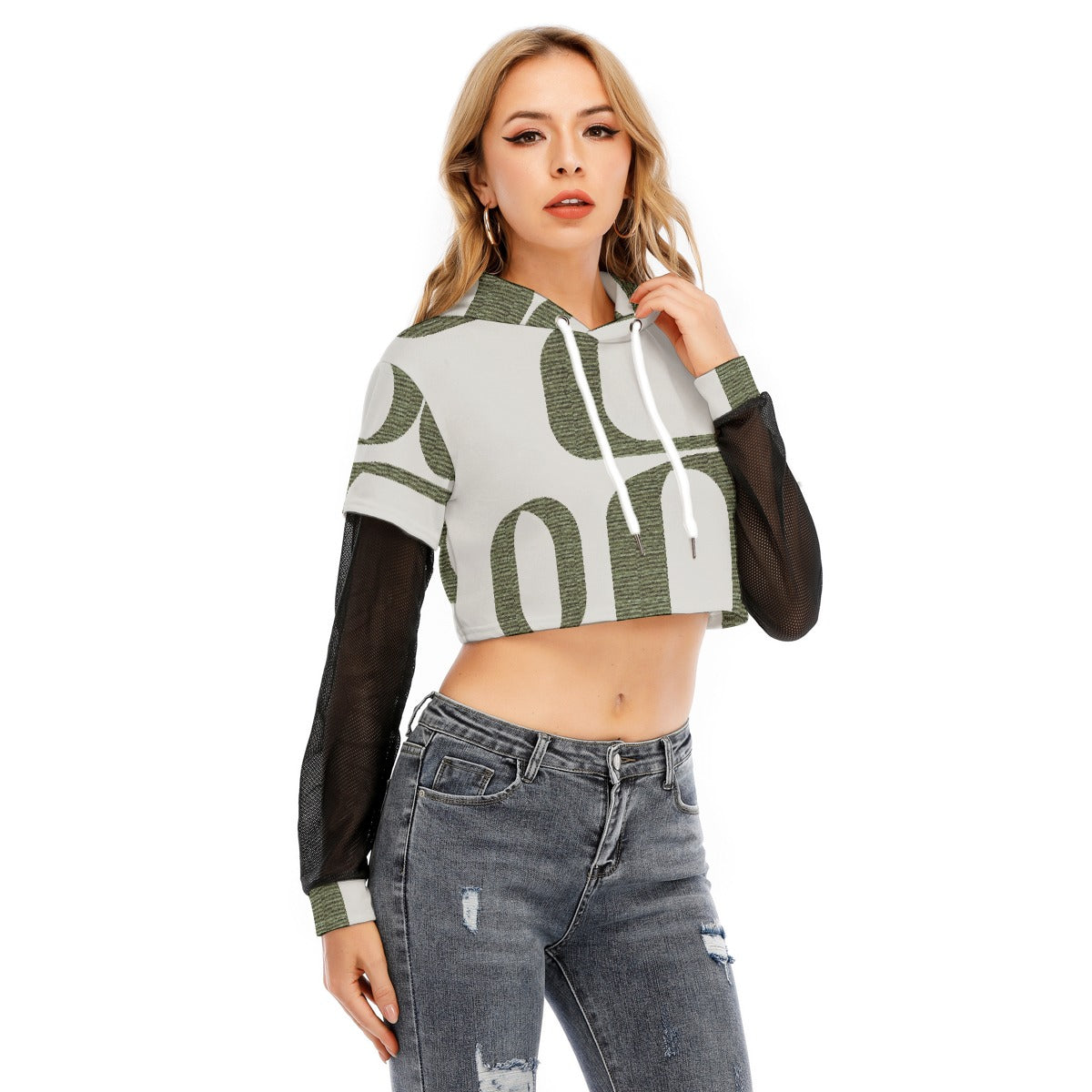All-Over Print Women's Fake Two-piece Mesh Sleeve Cropped Hoodie