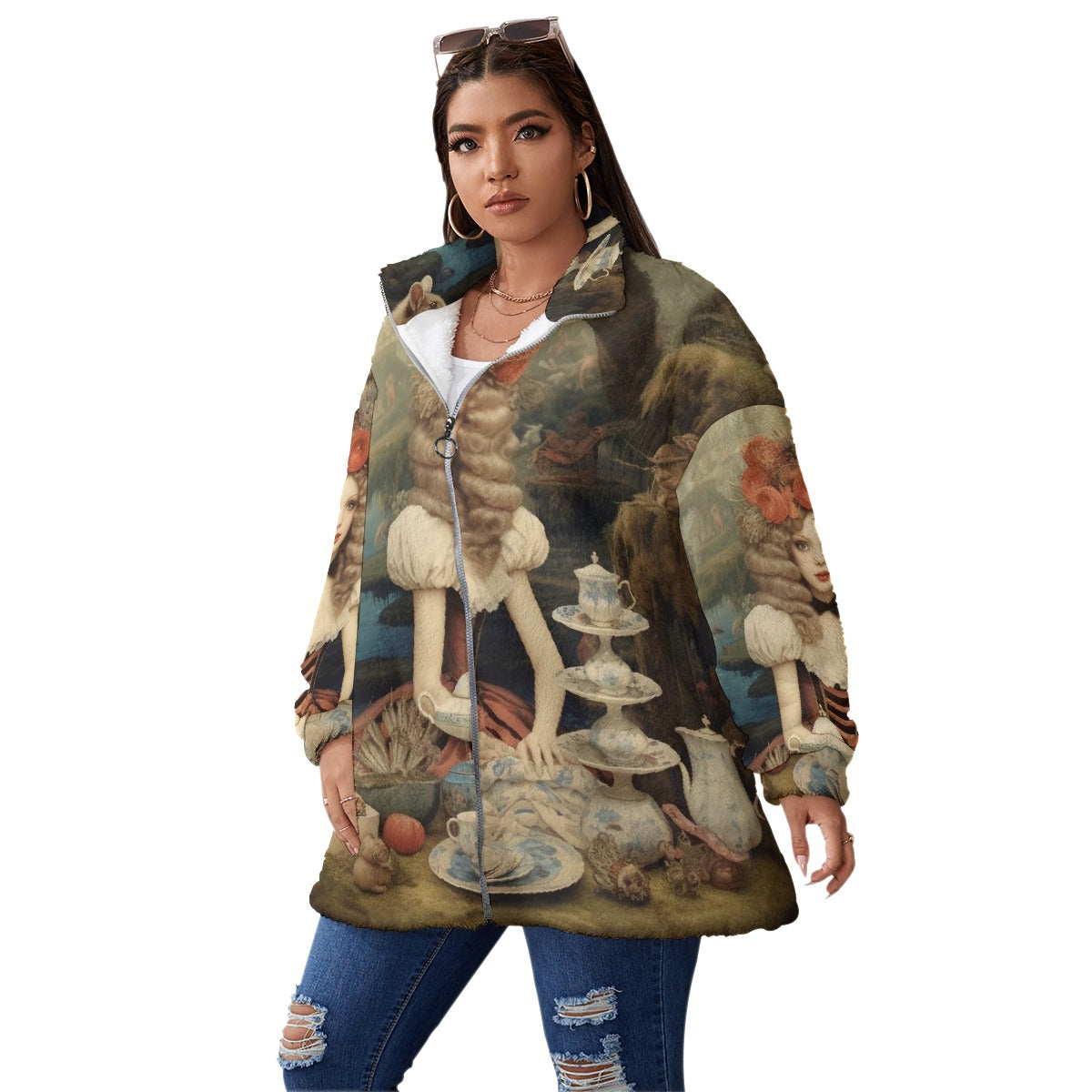 All-Over Print Unisex Borg Fleece Stand-up Collar Coat With Zipper Closure(Plus Size)