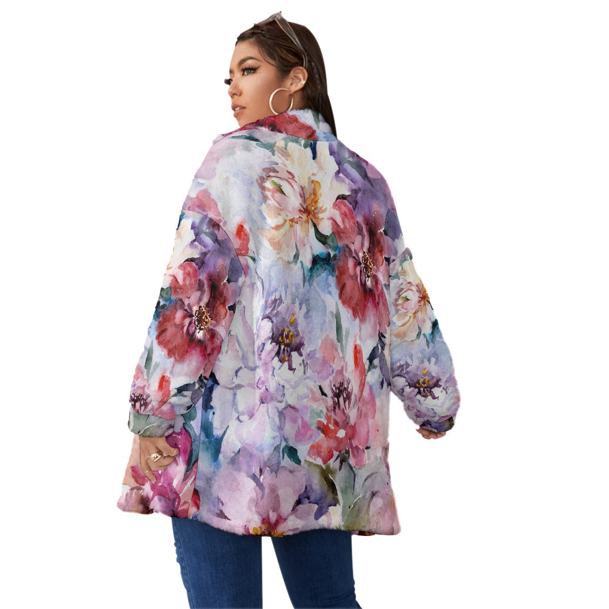 All-Over Print Unisex Borg Fleece Stand-up Collar Coat With Zipper Closure(Plus Size)