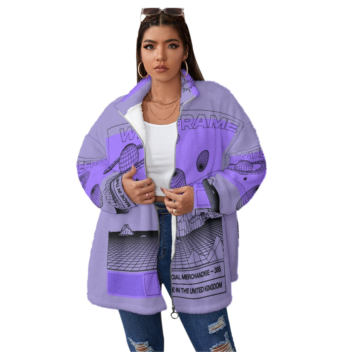 All-Over Print Unisex Borg Fleece Stand-up Collar Coat With Zipper Closure(Plus Size)