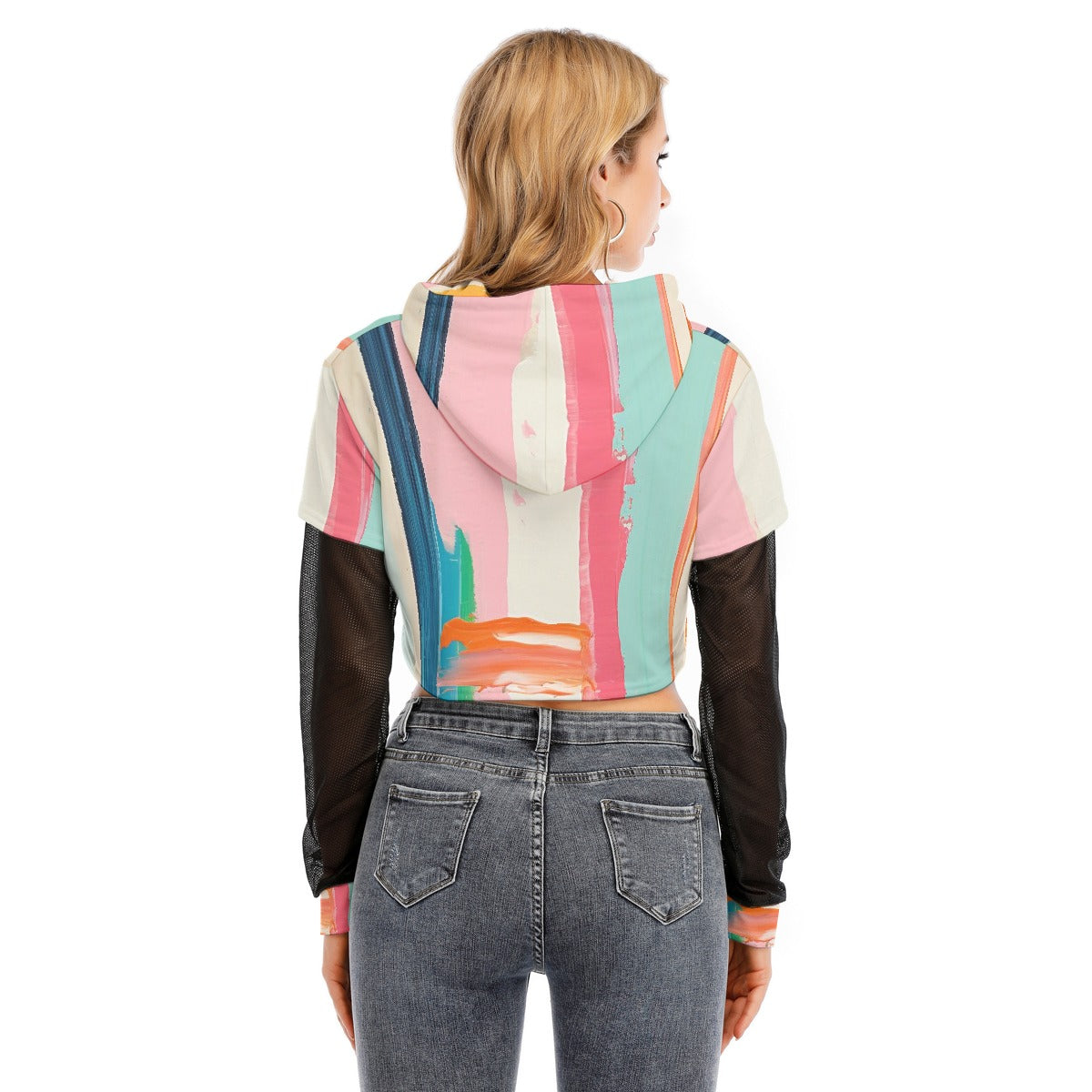 All-Over Print Women's Fake Two-piece Mesh Sleeve Cropped Hoodie