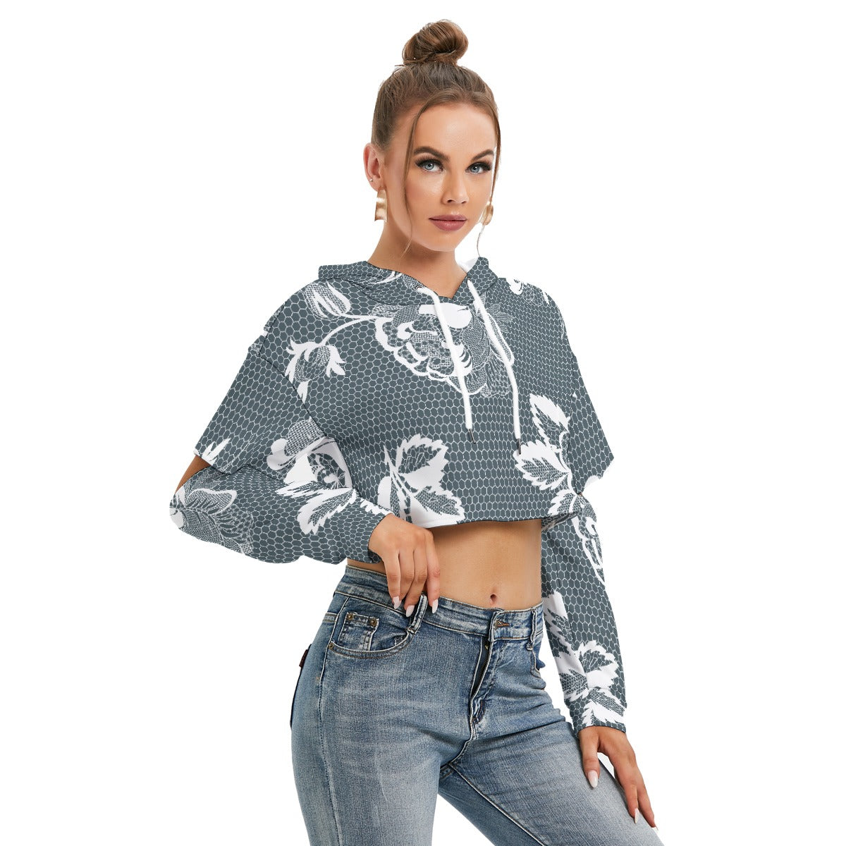 All-Over Print Women's Heavy Fleece Hoodie With Hollow Out Sleeve