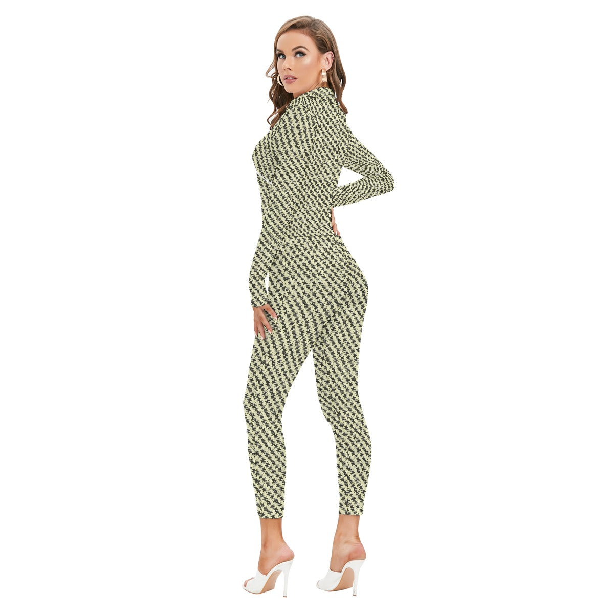 All-Over Print Women's Long-sleeved High-neck Jumpsuit With Zipper