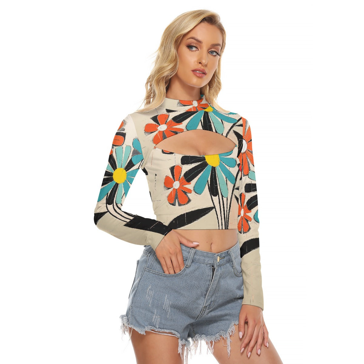 All-Over Print Women's Hollow Chest Keyhole Tight Crop Top