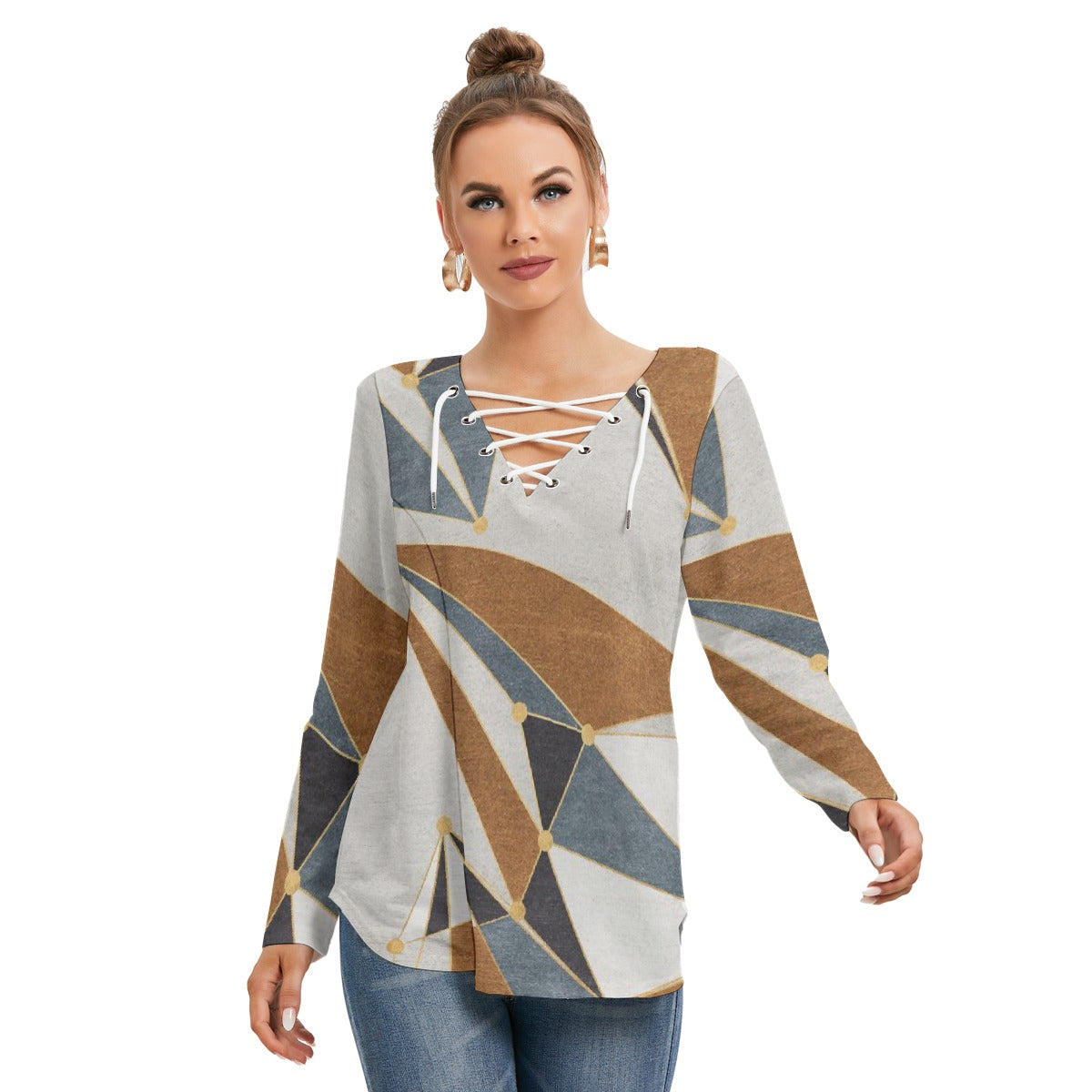 All-Over Print Women's Long Sleeve Neckline Tie Sweatshirt