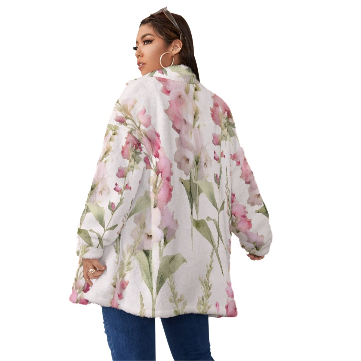 All-Over Print Unisex Borg Fleece Stand-up Collar Coat With Zipper Closure(Plus Size)