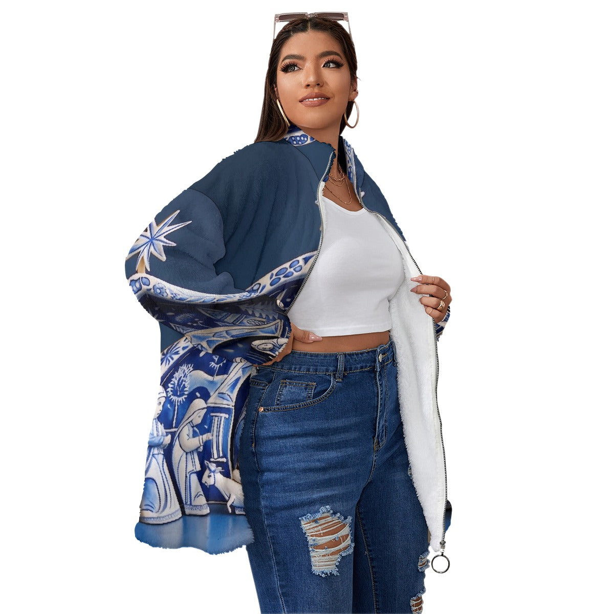 All-Over Print Unisex Borg Fleece Stand-up Collar Coat With Zipper Closure(Plus Size)