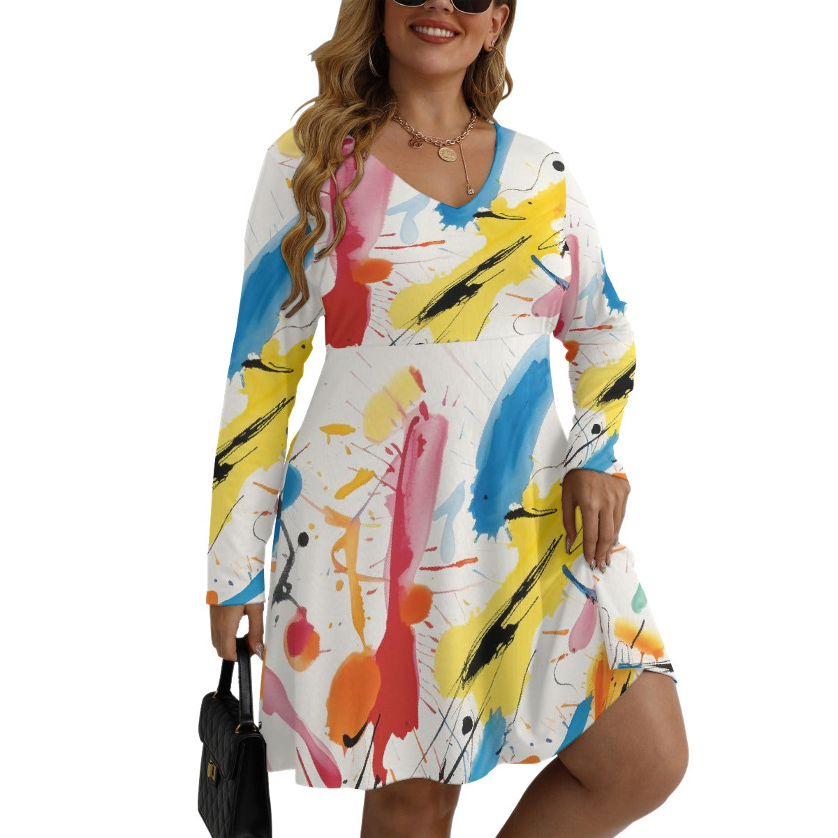 All-Over Print Women's V-neck Long Sleeve Dress(Plus Size)