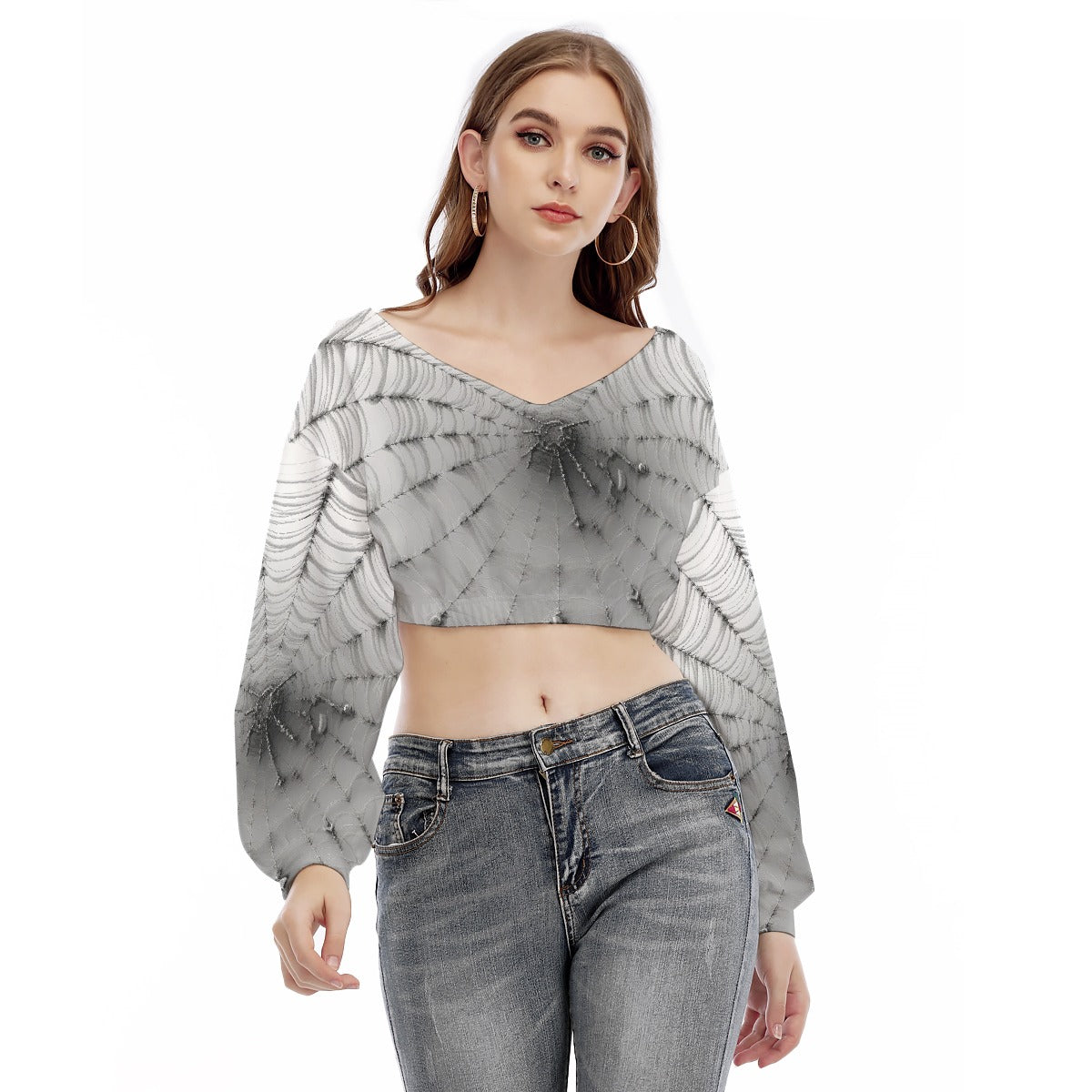 All-Over Print Women's V-neck Long Sleeve Cropped Sweatshirt