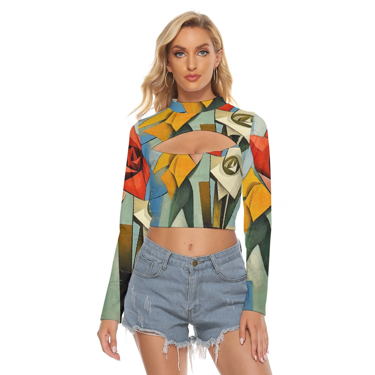 All-Over Print Women's Hollow Chest Keyhole Tight Crop Top