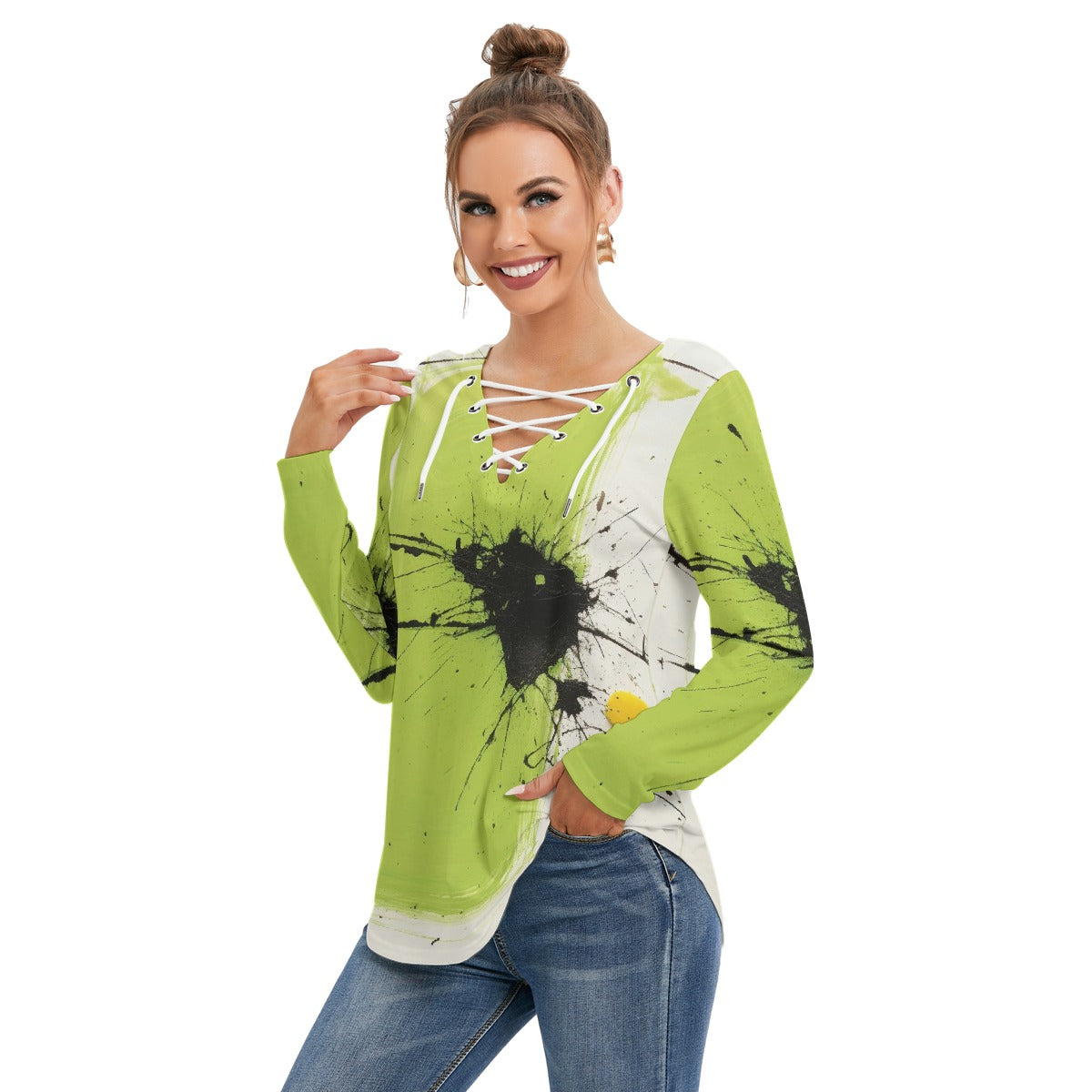 All-Over Print Women's Long Sleeve Neckline Tie Sweatshirt