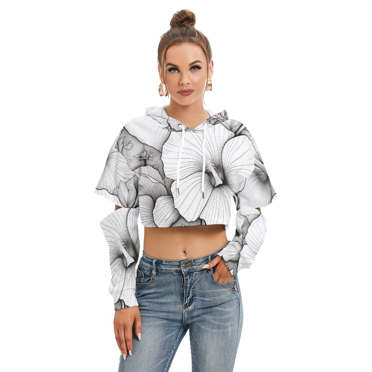 All-Over Print Women's Heavy Fleece Hoodie With Hollow Out Sleeve